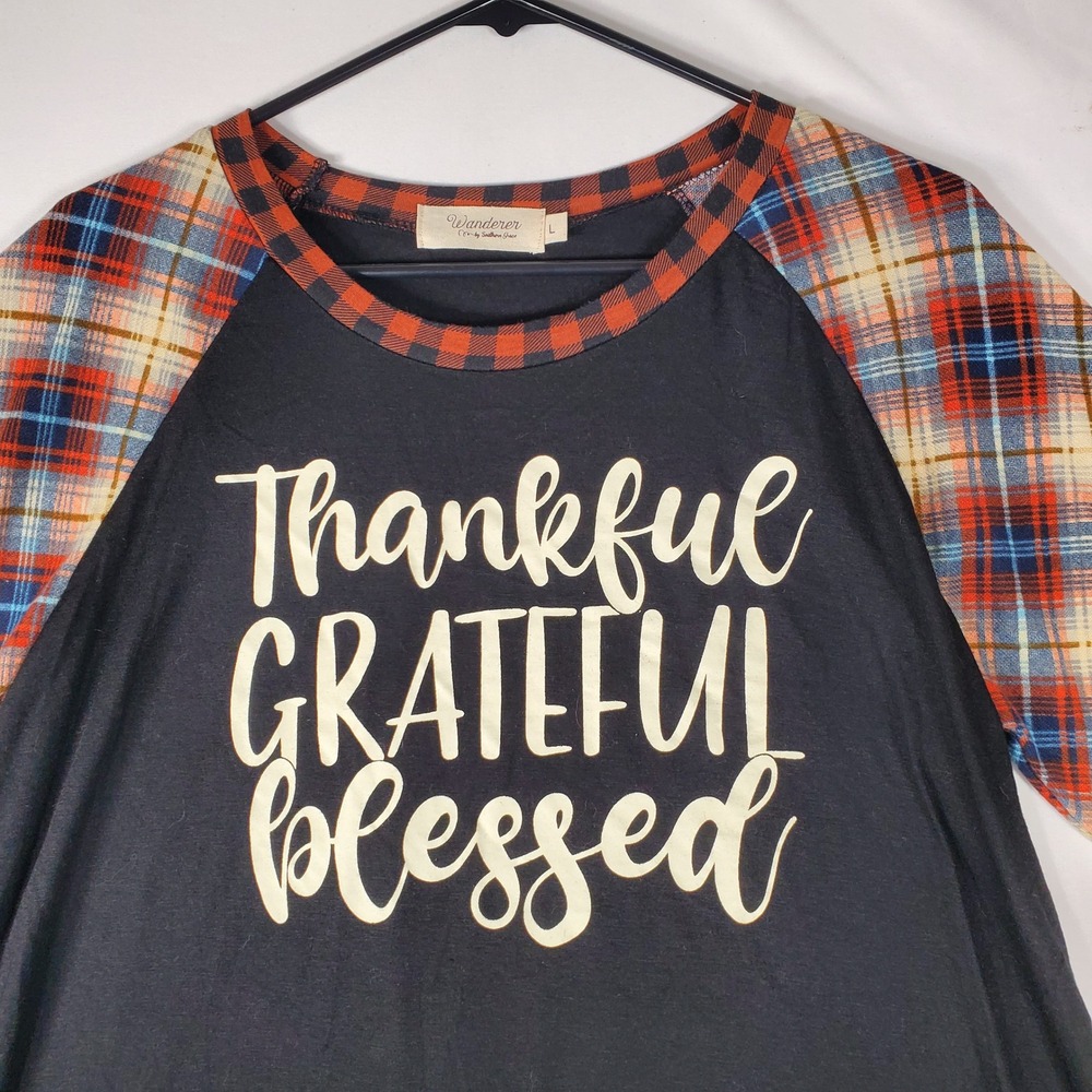 Wanderer Southern Grace Thankful Grateful Blessed Plaid Raglan Top Large